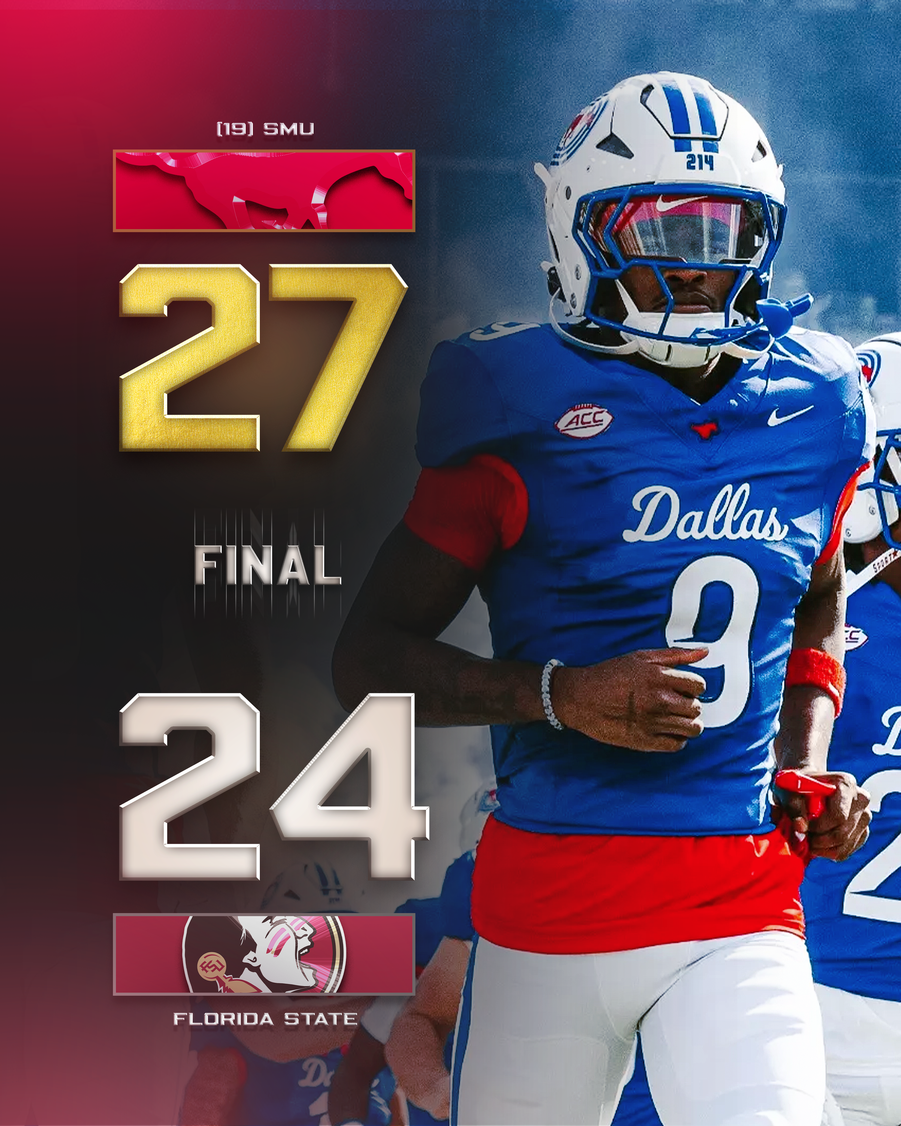 No. 19 SMU Edges Florida State 27-24 on Late Field Goal