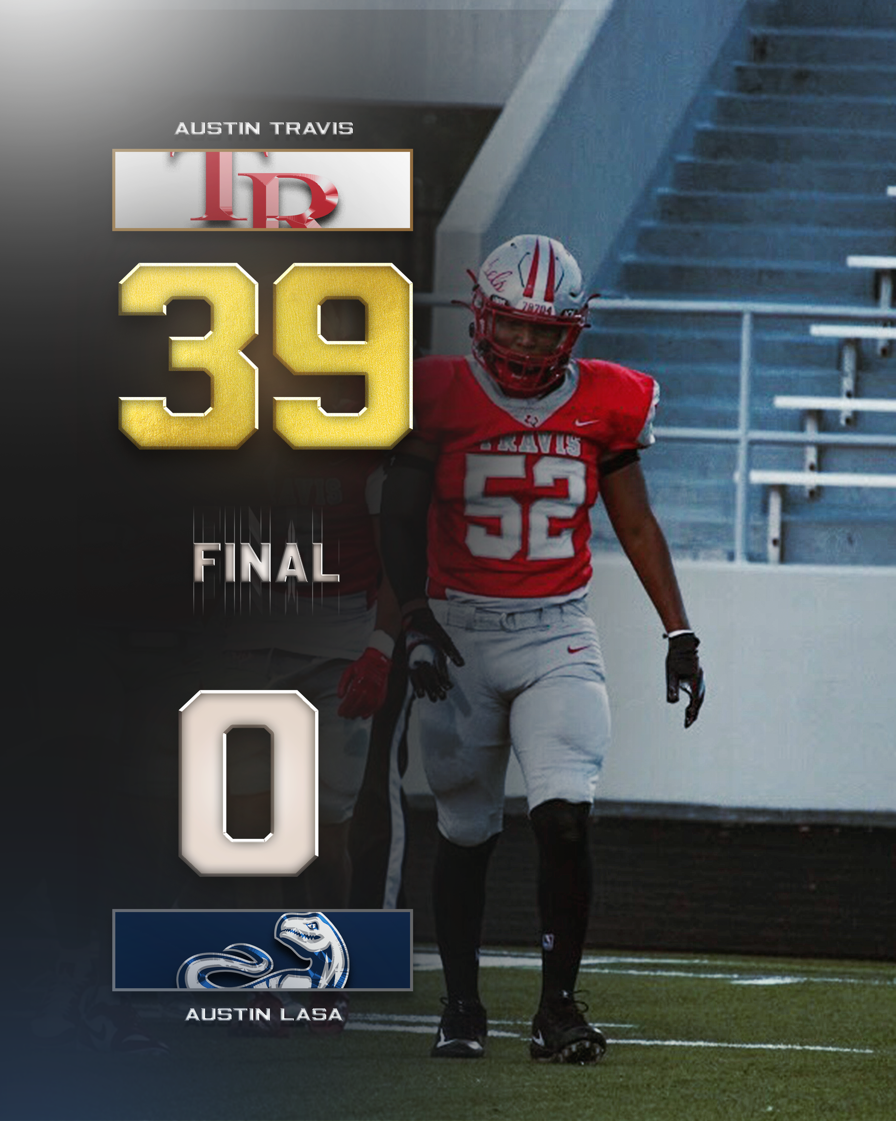 Final score: Austin Travis Rebels 39 LASA Raptors 0 (FINAL SCORE) 