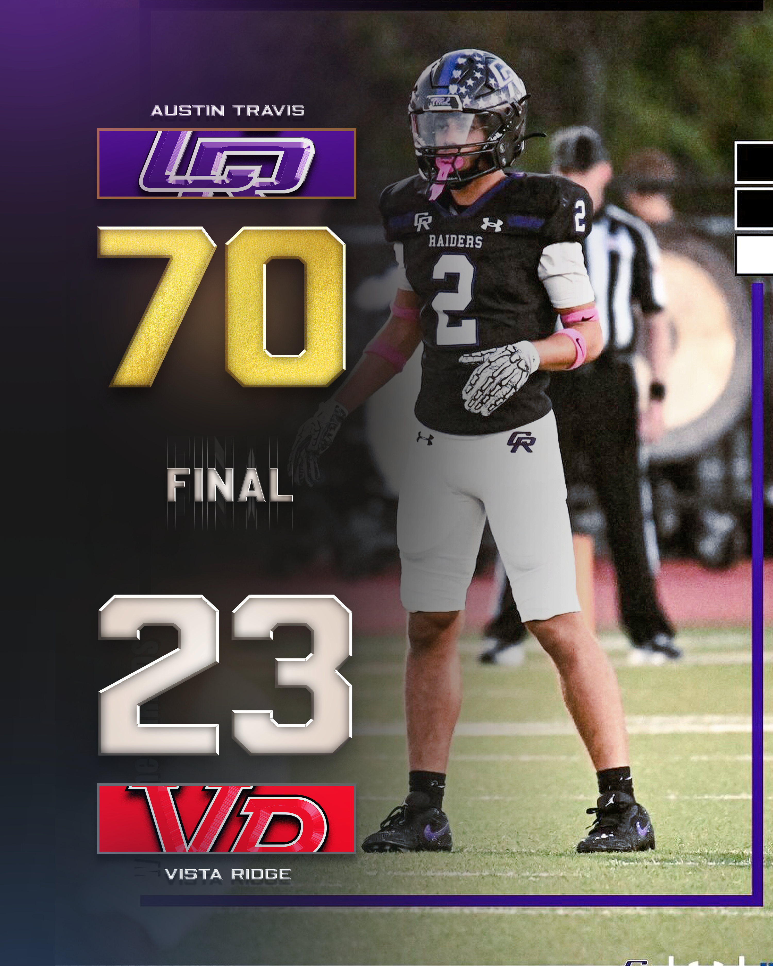 Final score: Cedar Ridge Steam Rolls Passed Vista Ridge with a 70-23 Score. 